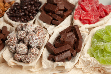 Assortment of delicious chocolate candies background. Chocolate candy isolated 