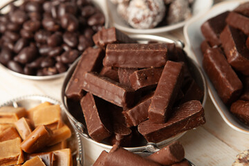 Assortment of delicious chocolate candies background. Chocolate candy isolated 