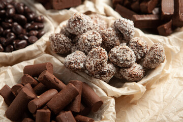 Assortment of delicious chocolate candies background. Chocolate candy isolated 