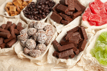 Assortment of delicious chocolate candies background. Chocolate candy isolated 