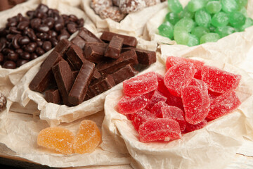 Assortment of delicious chocolate candies background. Chocolate candy isolated 