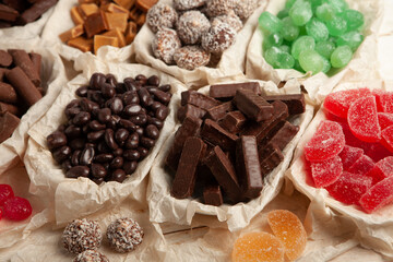 Assortment of delicious chocolate candies background. Chocolate candy isolated 