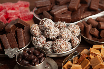 Assortment of delicious chocolate candies background. Chocolate candy isolated 