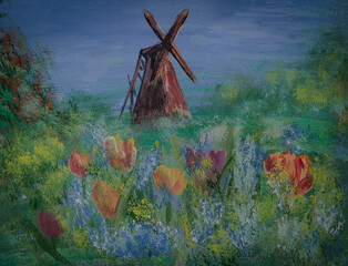 Dutch windmill tulip filed. Painting on textured canvas. Iconic Netherlands illustration 