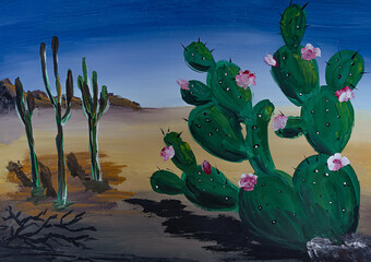 Painting  cactus in desert landscape.