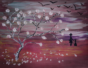 Fantasy abstract painting. Blooming tree, fallen petals on the ground dramatic sunset, cartoon silhouettes on the background.  