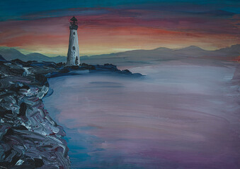  Lighthouse on the coast of the sea. Paintings on canvas. Sunset over sea shore 