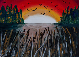 Painting Sunset over the lake with reeds