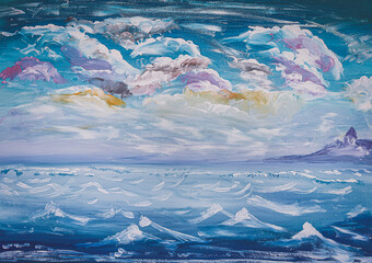 Painting. Sea after the storm waves and colorful clouds over the water
