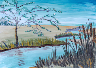 River bank with reeds. Acrylic painting