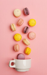 Colorful french macarons fall in white cup on pink background