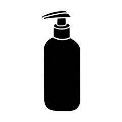 Cosmetic bottle. Black simple soap dispenser. Sanitizer silhouette icon. Virus and bacteria prevention. Vector illustration in doodle style isolated on white background.