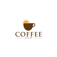 Coffee logo. Image of coffee cup, view of coffee field and sun.