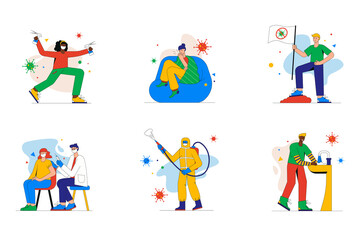 Fototapeta na wymiar Coronavirus set of mini concept or icons. People get sick covid 19, wash their hands, disinfection, get vaccinated and fight virus, modern person scene. Vector illustration in flat design for web