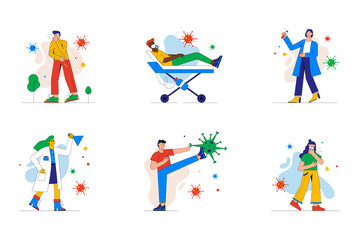 Fototapeta na wymiar Coronavirus set of mini concept or icons. People cough get sick covid 19, patient hospitalization, virus research, fight and prevention, modern person scene. Vector illustration in flat design for web