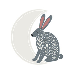 Hand drawn folk motif gray hare or rabbit with cute long ears, with crescent moon, Scandinavian style isolated vector clipart