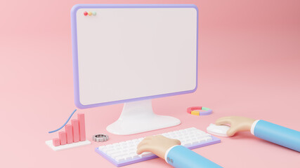 Hands on keyboard and mouse with white blank screen, copy space, electronic device isolated on pink background, futuristic technology concept, Digital illustration, 3d rendering - obrazy, fototapety, plakaty