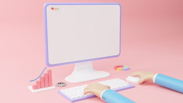 Hands on keyboard and mouse with white blank screen, copy space, electronic device isolated on pink background, futuristic technology concept, Digital illustration, 3d rendering