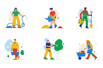 Fototapeta premium Garden work set of mini concept or icons. People watering plants, pruning trees, transporting crops on trolley, using equipment on farm, modern person scene. Vector illustration in flat design for web