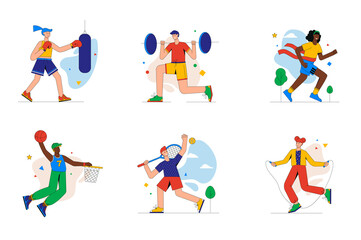 Sport and fitness set of mini concept or icons. People exercise with barbell, box, play basketball or tennis, run marathon, jump rope, modern person scene. Vector illustration in flat design for web