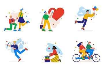 Fototapeta na wymiar Valentines day set of mini concept or icons. People celebrate holiday, man proposes to woman, declarations of love, romantic date, modern person scene. Vector illustration in flat design for web