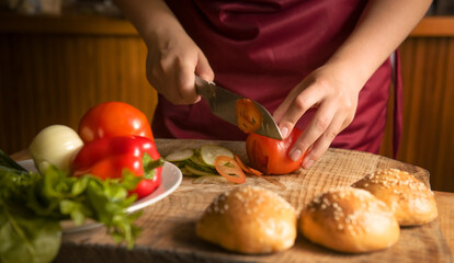 Close-up of a woman cutting vegetables with a sharp kitchen knife. Cooking healthy organic food in the home kitchen. The concept of a natural clean diet and a healthy lifestyle. selective focus