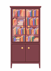 A bookcase with glass doors. There are books on the shelves in the closet. Vector illustration, isolated on white background
