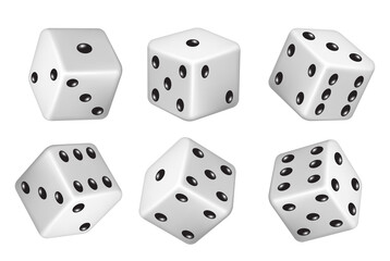 Realistic dice, casino game cubes, 3D dice 

white and black,  Two dice casino gambling and 

lucky chance, dice in random rolling throw,  

Dice with black dots on a white background. 