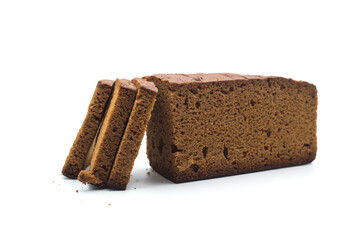 Closeup of sliced gingerbread cake on white background