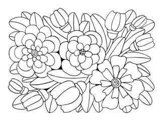 Coloring page bouquet of flowers thin line art. Floral pattern of garden plants. Hand drawn vector illustration. Isolated simple doodle element. Summer coloring book for children and adults.