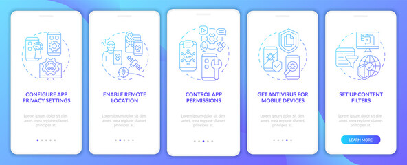 Cyber safety keeping tips onboarding mobile app page screen. Information protect walkthrough five steps graphic instructions with concepts. UI, UX, GUI vector template with linear color illustrations