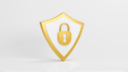 Shield with gold padlock symbol on white background, digital data network protection, technology security concept, online protection, antivirus and security concept, 3D Rendering illustration.
