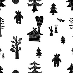 Magic forest. Seamless pattern in cartoon style. Can be used in textile industry, paper, background, scrapbooking.
