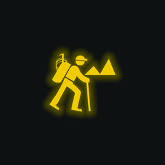 Backpacker Hiking yellow glowing neon icon