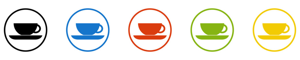 Bunter Banner mit 5 farbigen Icons: Tee, Teetasse, Café oder Pause