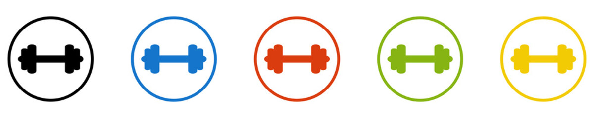 Bunter Banner mit 5 farbigen Icons: Hantel, Sport, Fitness, Krafttraining oder Fitnessstudio