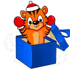 Striped tiger in Santa Claus hat and mittens, sitting in gift box with bow on lid on insulated white background. Christmas illustration for designers, greeting cards. Symbol of the Chinese New Year.