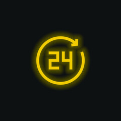 24 Hours yellow glowing neon icon
