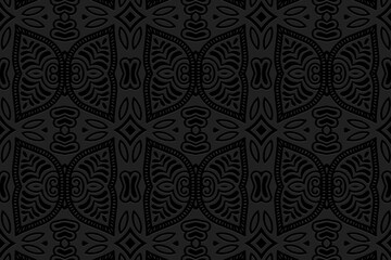Embossed black background design, art deco.Texture with geometric volumetric convex ethnic original 3D pattern.Vector graphic template in the style of the peoples of the East, Asia, India, Mexico.