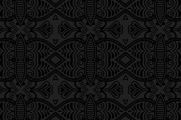 Design of an embossed black background, art deco.Texture with a geometric volumetric convex ethnic decorative 3D pattern.Vector graphic template in the style of the peoples of the East, Asia, India.