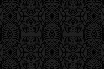 Embossed black background design, art deco.Texture with geometric volumetric convex ethnic abstract 3D pattern.Vector graphic template in the style of the peoples of the East, Asia, India, Mexico, Azt