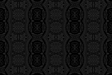 Embossed black background design, art deco.Texture with geometric volumetric convex ethnic artistic 3D pattern.Vector graphic template in the style of the peoples of the East, Asia, India, Mexico.