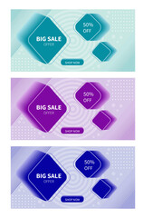 The vector trendy template with 3D shapes and text. Colorful banners with textures. Suitable for web internet ads, social media posts, mobile apps, banners. 