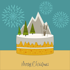 christmas cake with christmas tree mountain skiing on blue background