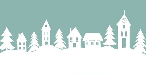 Christmas New Year banner with doodle rural houses forest trees in the background. Cozy winter scene illustration in vintage style