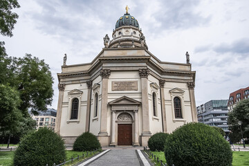 Architectural fragments of New Church (Neue Kirche or Deutscher Dom, 1708) at the Gendarmenmarkt across from French Church. Berlin, Germany.