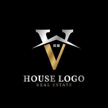 letter V with roof and window luxurious real estate vector logo design