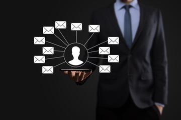 Male hand holding letter icon,email icons .Contact us by newsletter email and protect your personal information from spam mail. Customer service call center contact us.Email marketing and newsletter