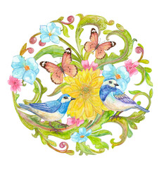 Fototapeta na wymiar round baroque pattern with couple of blue birds and butterflies. watercolor painting