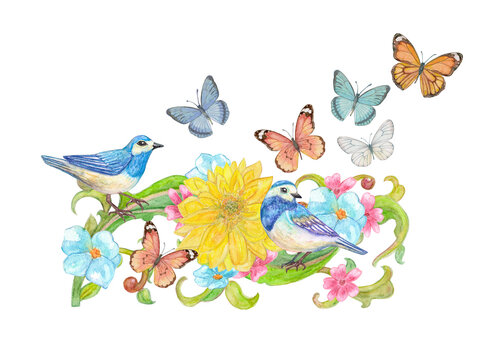 baroque pattern with yellow chrysanthemum flower and couple of blue birds, flying butterflies. watercolor painting